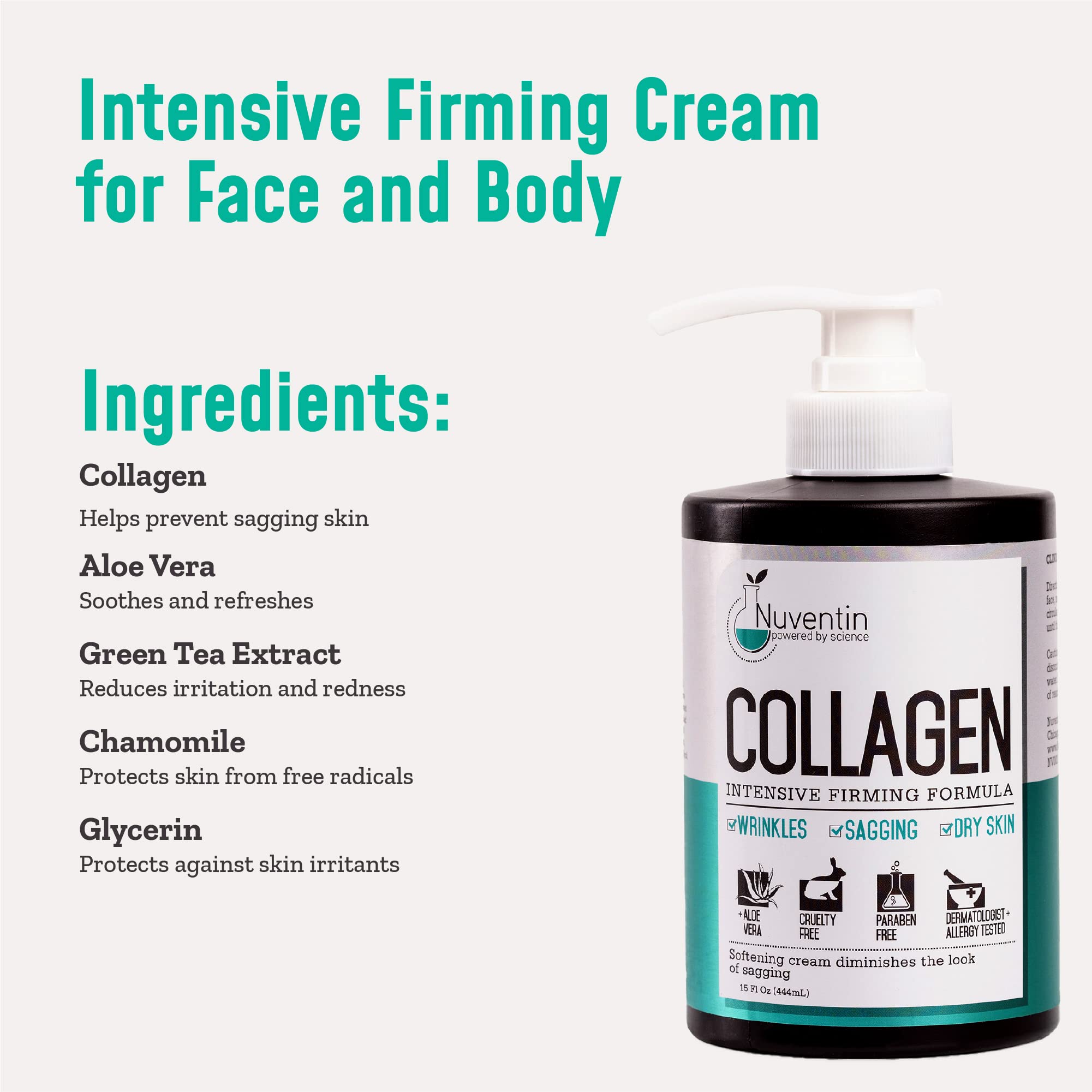Nuventin Collagen Firming Cream Dry Skin Rescue Moisturizer Lotion W/Aloe Vera & Green Tea. Skin Care Anti Aging Collagen Face & Body Lotion For Wrinkle Repair, Sagging Skin, & Dry Skin, 15 Fl Oz