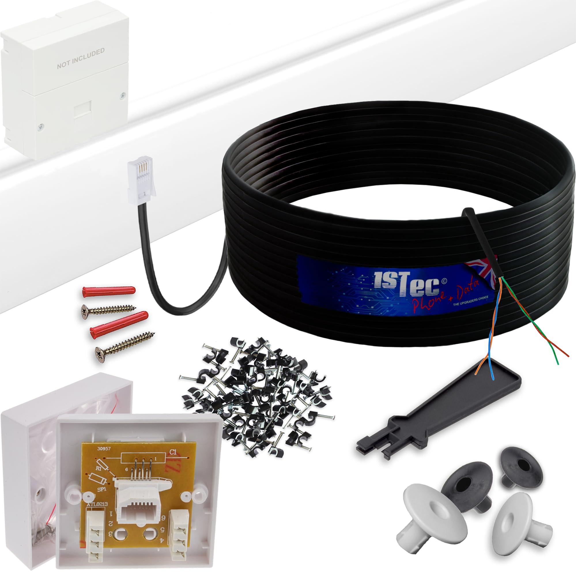 1STec 20m DIY BT Openreach Phone/ADSL Fibre Broadband Kit with Solid Core Twisted Pair Cable + Plug + 2/3a Surface Mount Wall Box + Grommets + Clips + Screws + Instructions (20 Metre, Black)