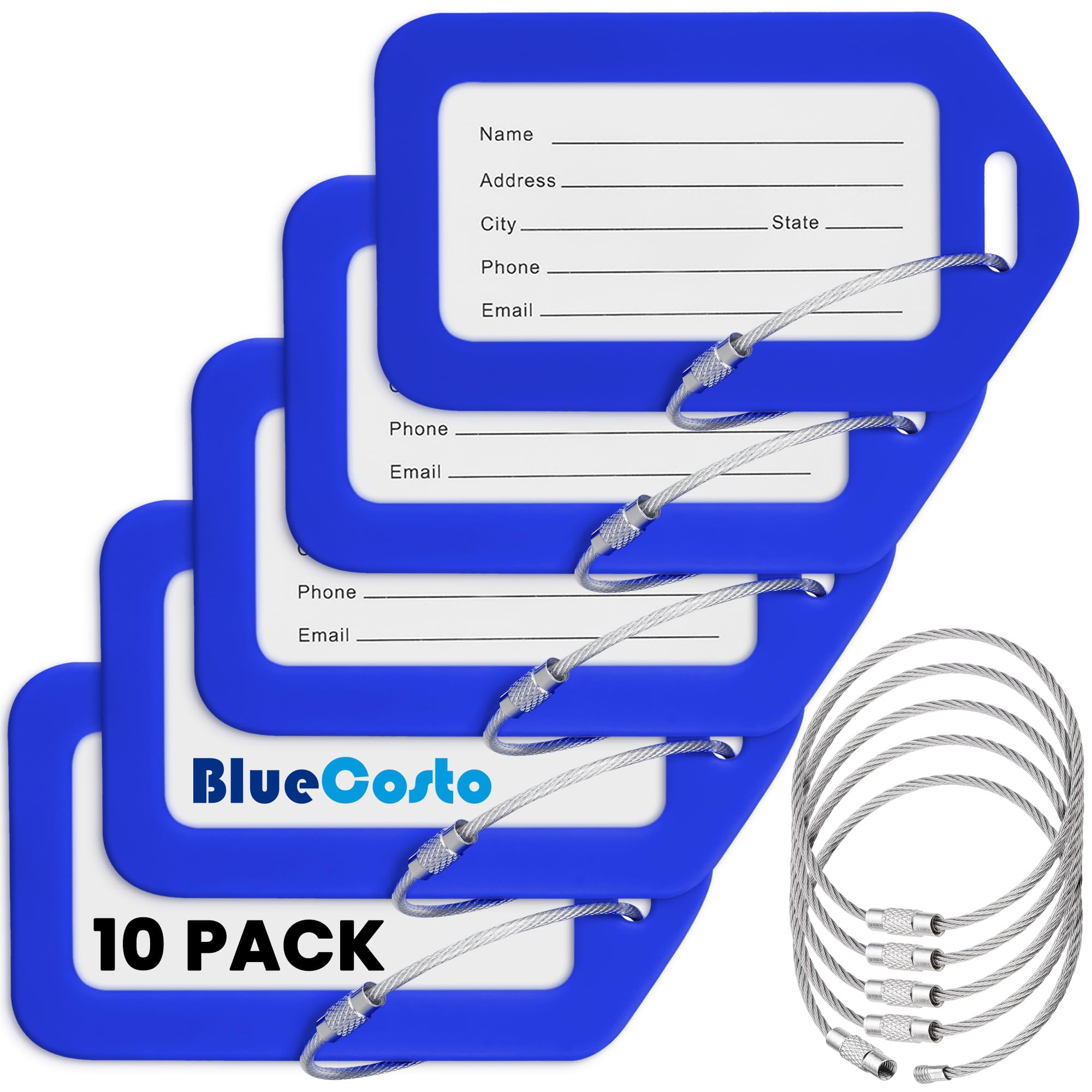 BlueCosto Luggage Tags (Small, Blue, 10 PK) - Suitcase Tags w/Name ID Card & Heavy-Duty Metal Wire Loops - Bright Coloured PVC Tags for Travel Baggage - Backpack Name Labels
