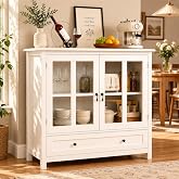 RASOO White Modern Buffet Cabinet with Double Glass Doors | Unique Bell Handles and Big Drawers Sideboard Cupboard Dining Room Hallway Entryway, 41.4" L x 15.5" W x 35.4" H (Large)