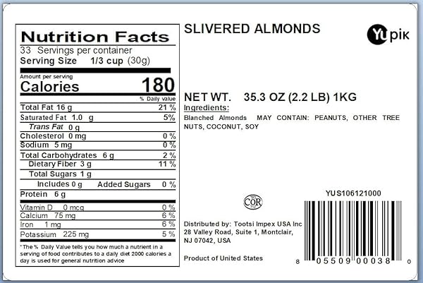 YUPIK SLIVERED CALIFORNIA ALMONDS, 35.2 OUNCE, CHOPPED RAW BLANCHED ALMONDS, GLUTEN-FREE, KOSHER, RAW, GOOD SOURCE OF PROTEIN, FIBER, IRON & CALCIUM, LOW IN CARB, PACK OF 1