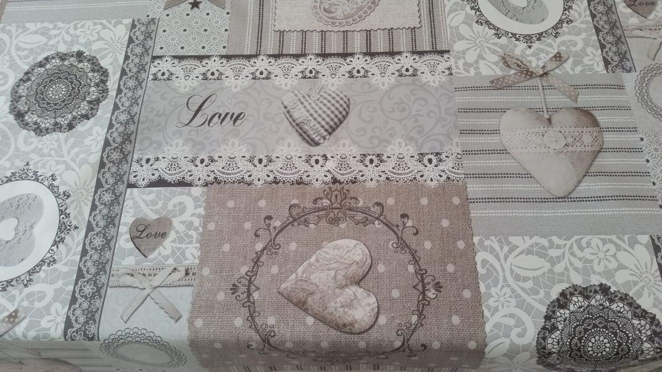 Wipe Clean PVC Tablecloth Vinyl Oilcloth Kitchen Table Cover Protector - Grey Wooden Hearts (150 x 140cm)