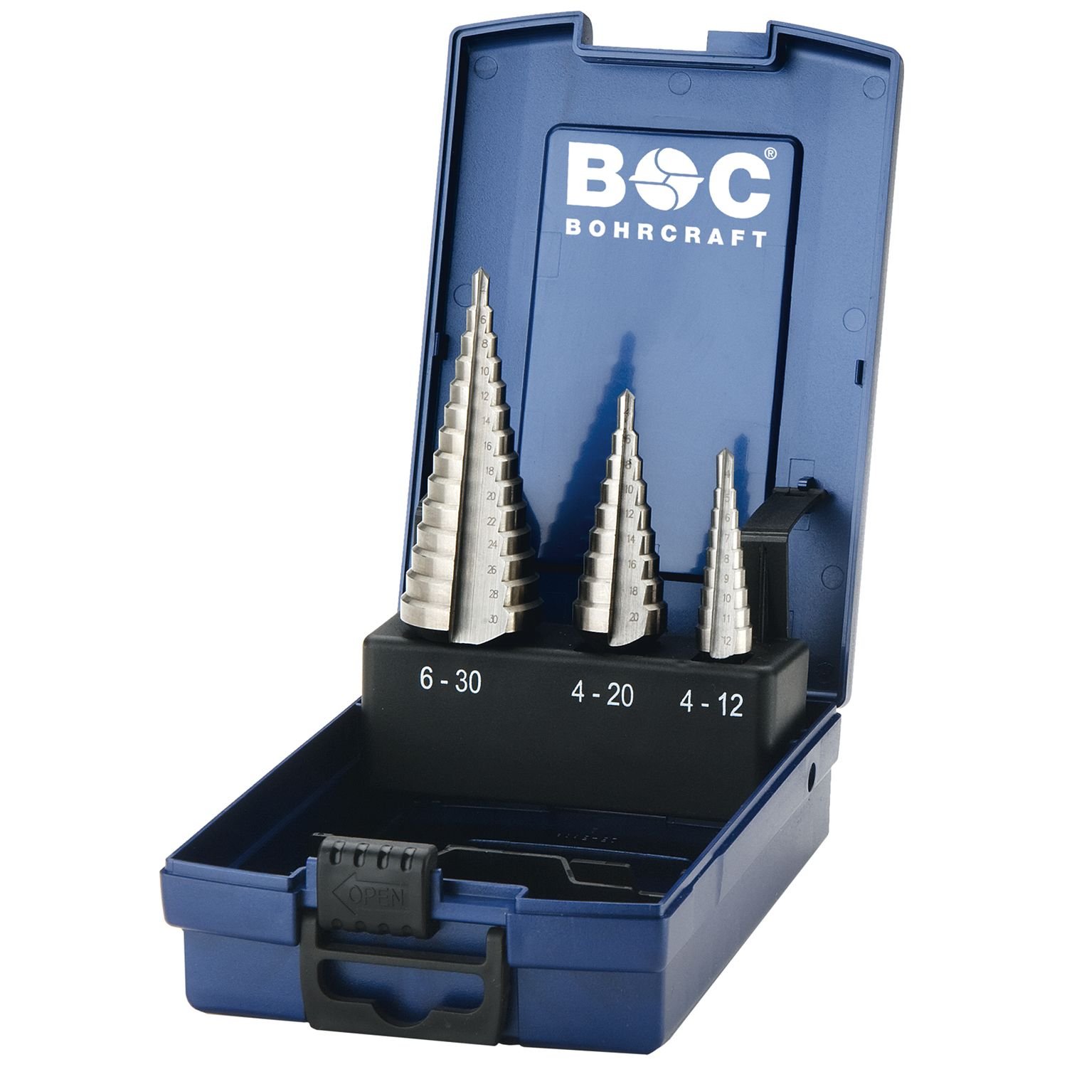 Bohrcraft Stepped Drill High-Speed Steel in ABS Box, 3 Pieces, Size 1, 2 A, 3 A, STB3 K Quantity: 1 Piece 17601330003.