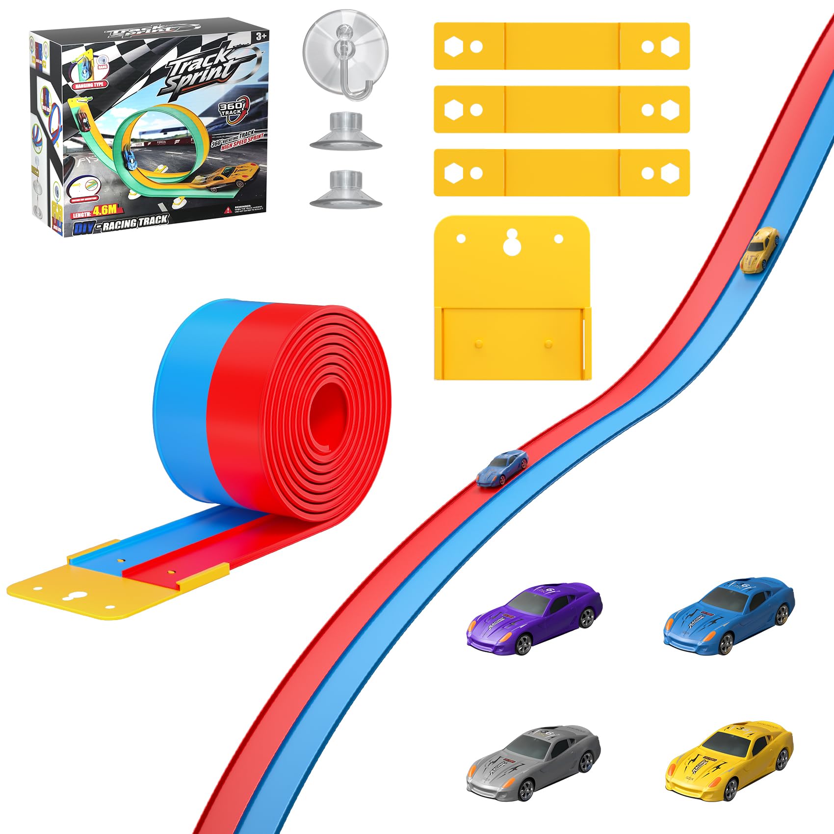 Photo 1 of 15FT Flexible Race Track with 4 Cars - DIY Car Ramp Track for Jumps, Loops, Ramps - Portable Roll-Up Dual Racetrack for Indoor Outdoor Play, Ages 3+ (Blue+Red)