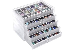 Misdary 90 Grid Rock Collection Box Clear Acrylic Display Case for Kids 5 Drawers Velvet Insert Rock Storage Box for Collectibles Crystal Display Shadow(Gray)