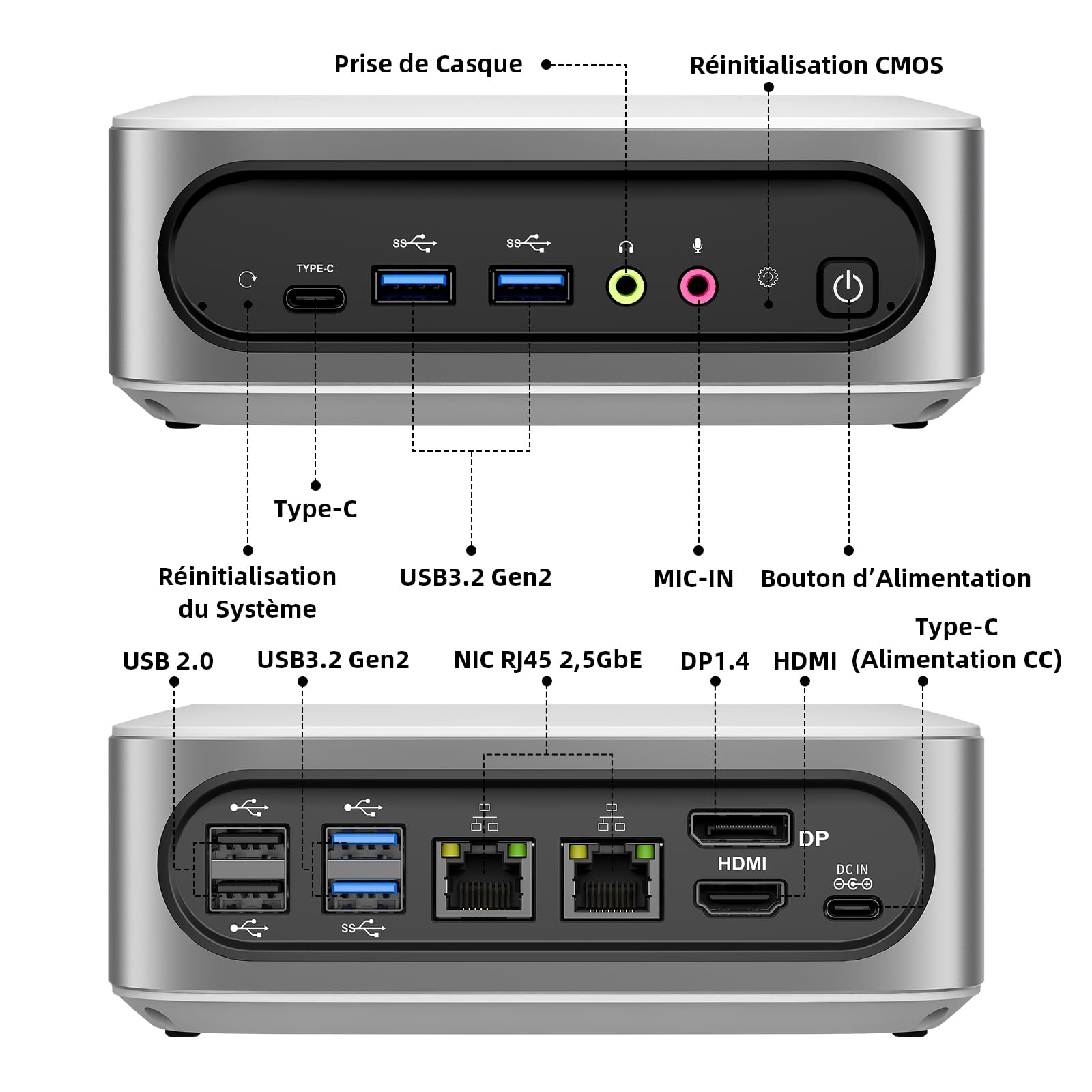 AWOW Mini PC MGI9 алдыңкы жана арткы портторунун диаграммасы
