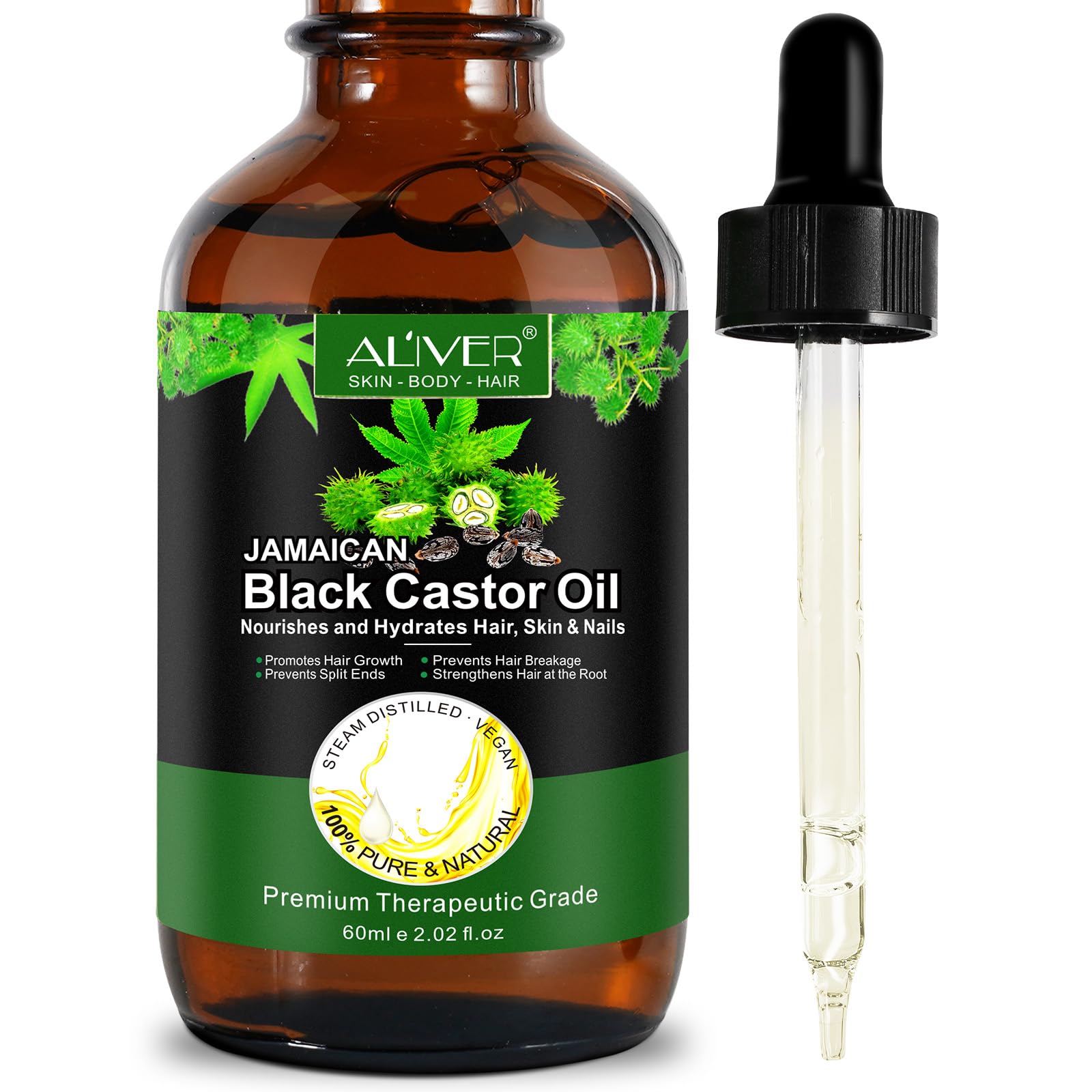 Castor Oil, 100% Natural Jamaican Black Castor Oil for Hair, Treatment For Damaged Hair & Dry Skin, Cold Pressed Oil For Hair Growth, Eyebrows,Eyelashes and Nails(60ml)
