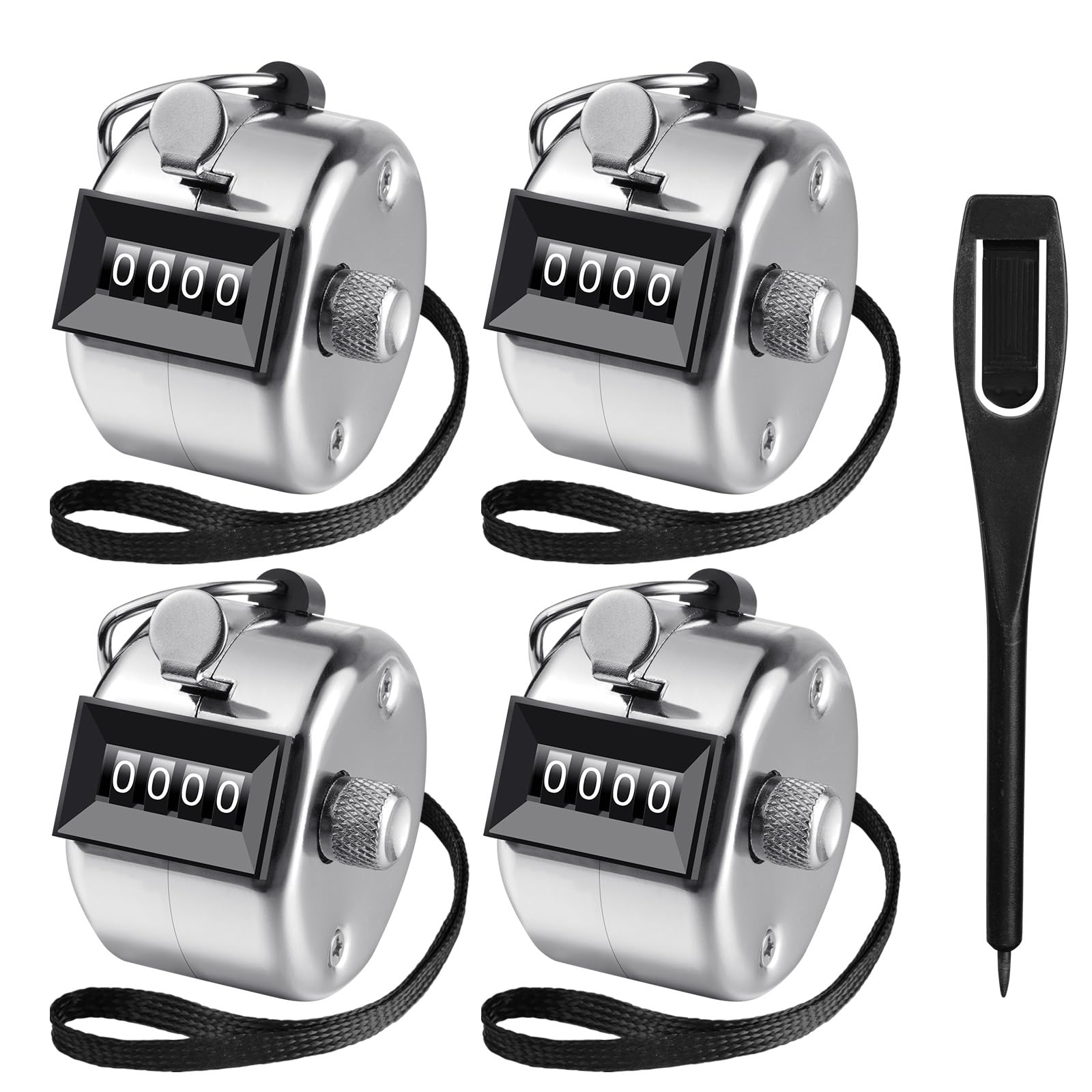 flintronic 4PCS Hand Tally Counter, 4-Digit Mechanical Palm Click Counter, Metal Hand Held Counter Clicker, Count to 9999, with Finger Ring Hoop Holder, for Counting/Golf/School/Sports Events Scoring
