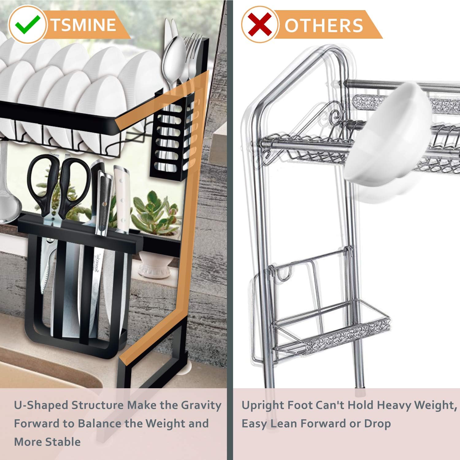 Dish Drying Rack Over the Sink -Adjustable Large Dish Rack Drainer for Kitchen Organization Storage Space Saver Shelf Holder with 7 Utility Hooks Dish Rack Over Sink (32≤ Sink Size ≤ 39.5 inch) -