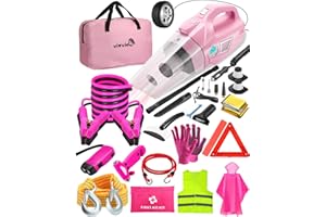 vioview Roadside Emergency Car kit for Vehicles, with 4 in 1 Inflatable Car Vacuum Cleaner, Pink Jumper Cables, First Aid Kit, Tow Rope, Vehicle Road Trip Must Haves Pink Accessories for Women