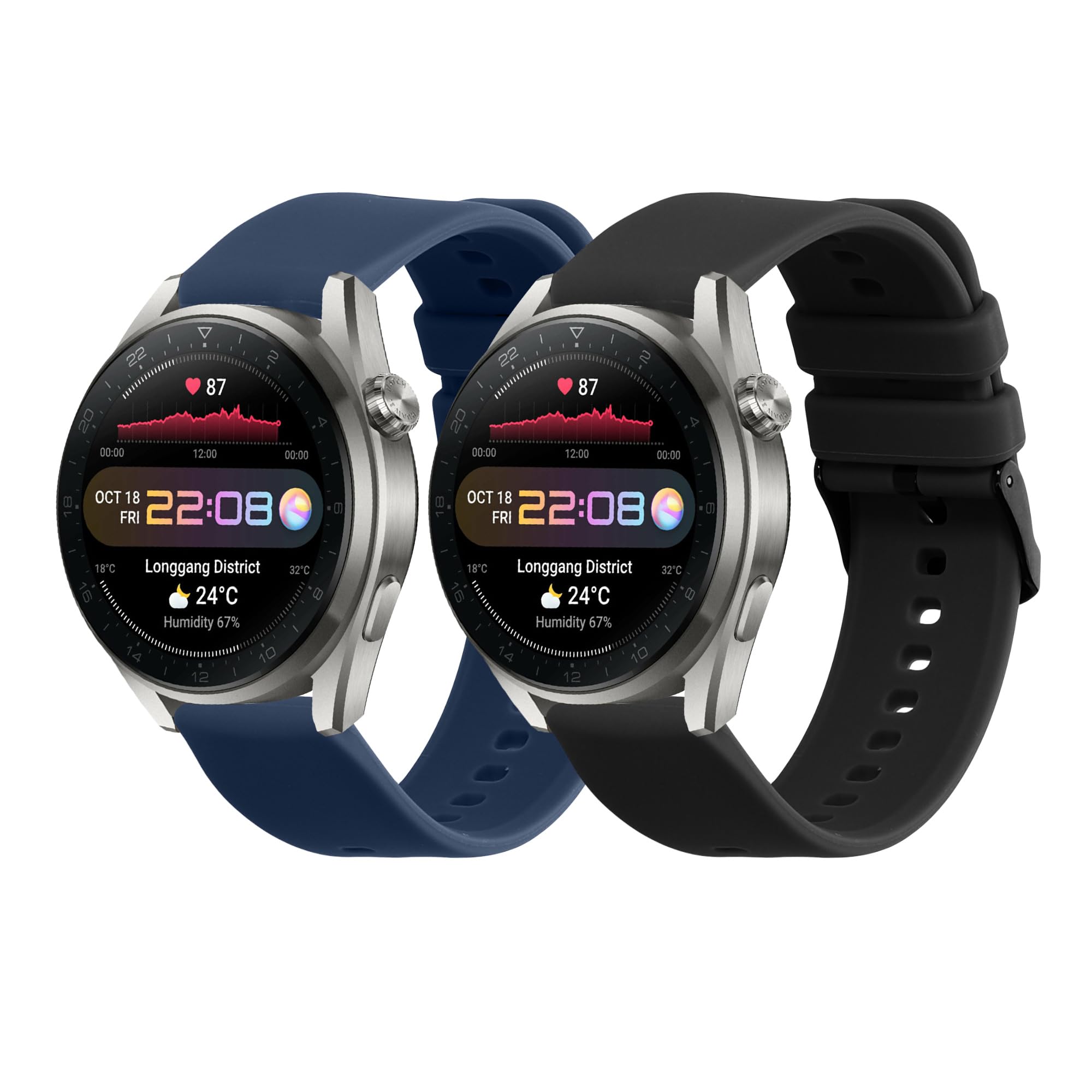 kwmobile Straps Compatible with Huawei Watch 4 Pro/Watch 4 / Watch 3 Pro/Watch 3 Straps - 2x Replacement Silicone Watch Bands - Smartwatch or Fitness Tracker - Black/Dark Blue