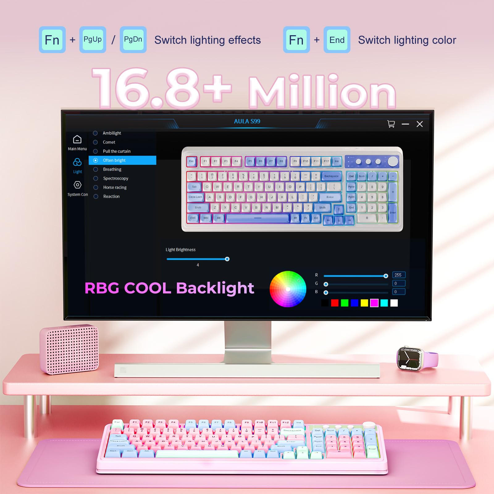AULA 99 Key Keyboard, Wireless Gaming Keyboard Bluetooth Computer Keyboards Creamy Cute with Number Pad RGB Backlit Tri-Mode BT/2.4GHz/USB-C - Pink