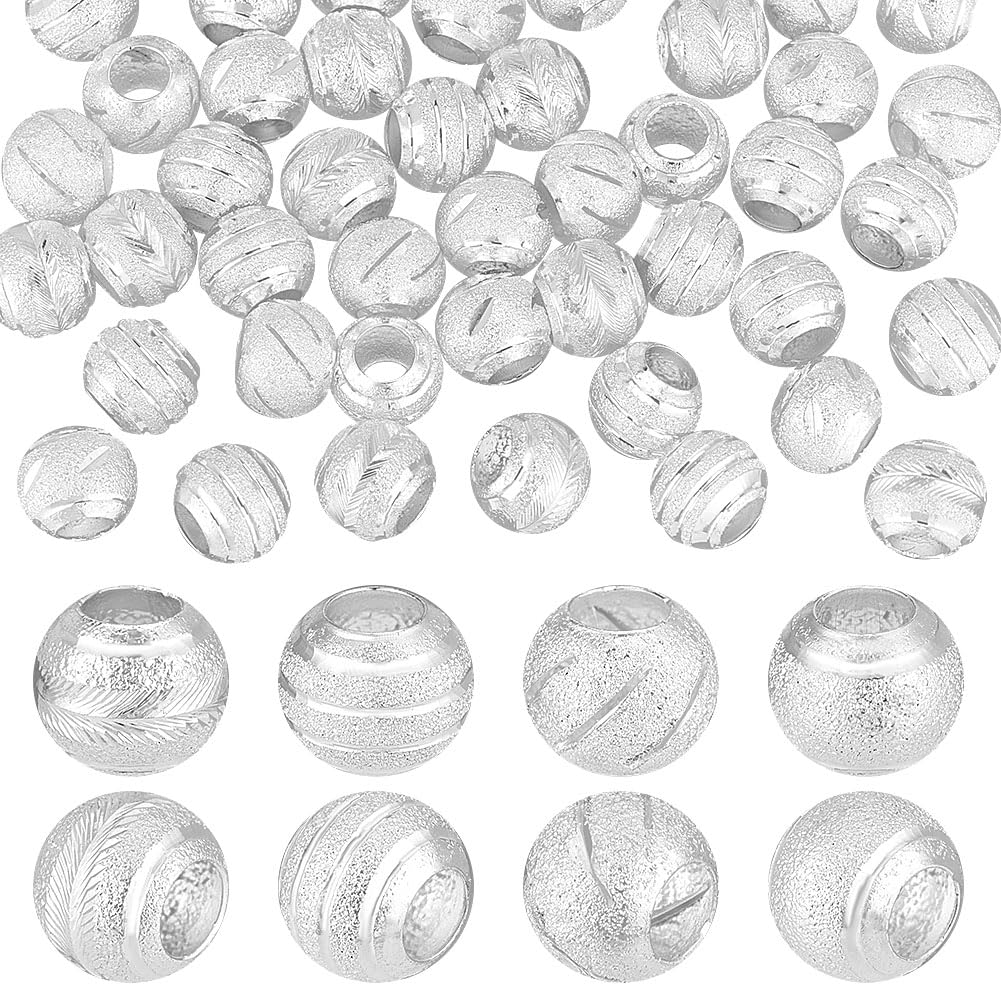 AHANDMAKER 64Pcs Silver Spacer Beads 4 Styles Beautiful Round Metal Loose Beads Brass Frosted Lucky Large Hole Beads for Jewelry Craft Making Chain Charm Bracelets