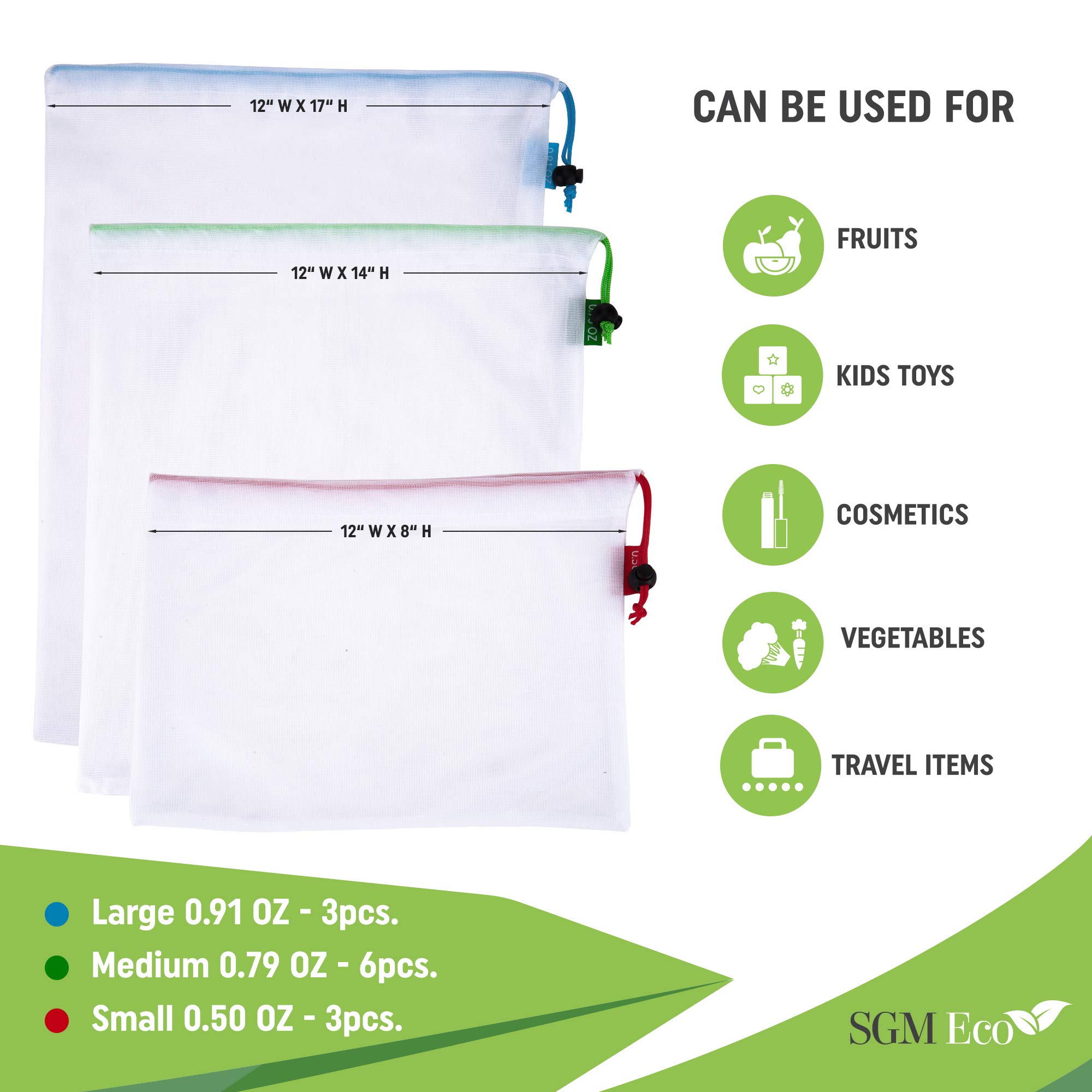SGM Reusable Mesh Produce Bags : Pack of 12 Washable Drawstring Storage Pouches In 3 Sizes – Multipurpose See Through Bags w/Tare Weight Tag For Grocery Shopping, Toy Organization, Gym Shoe