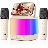 HWWR Mini Karaoke Machine for Kids, Portable Bluetooth Karaoke Speaker with 2 Wireless Microphones and Phone Holder, Popular Birthday Gifts for Girls Boys Age 3-14+, Singing Machine for Home Party