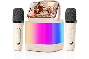 HWWR Mini Karaoke Machine for Kids, Portable Bluetooth Karaoke Speaker with 2 Wireless Microphones and Phone Holder, Popular Birthday Gifts for Girls Boys Age 3-14+, Singing Machine for Home Party