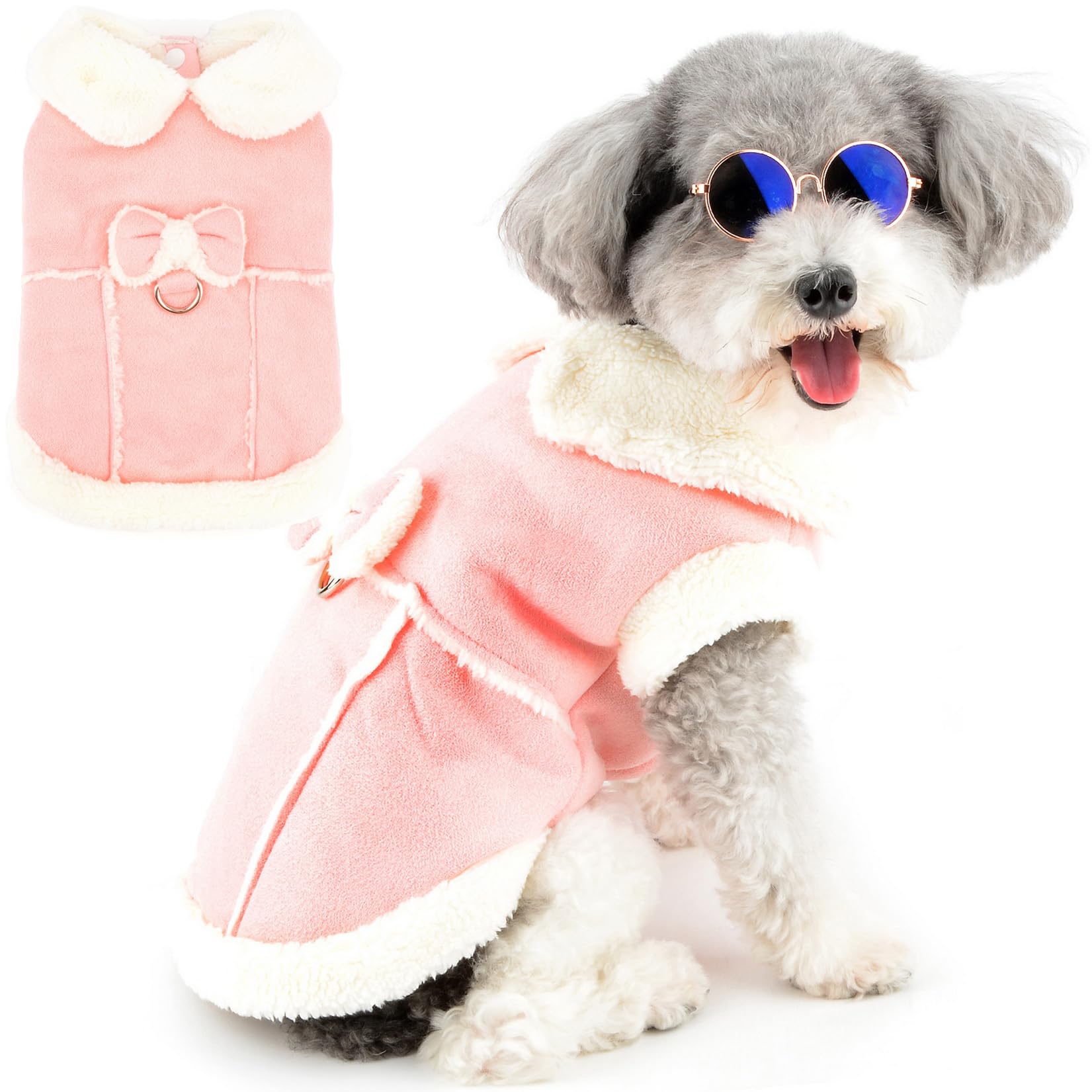Zunea Dog Winter Coats for Small Dogs Cats Shearing Fleece Dog Jacket Coat with D-Ring Cute Puppy Clothes with Bow Soft Warm Fleece Vest Clothing Windproof Cold Weather Pet Chihuahua Apparel Pink M