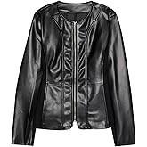 SS-Sunrise Fashion Women's Faux Leather Jacket, Round Neck, Zip Front, Long Sleeve, Beige and Black