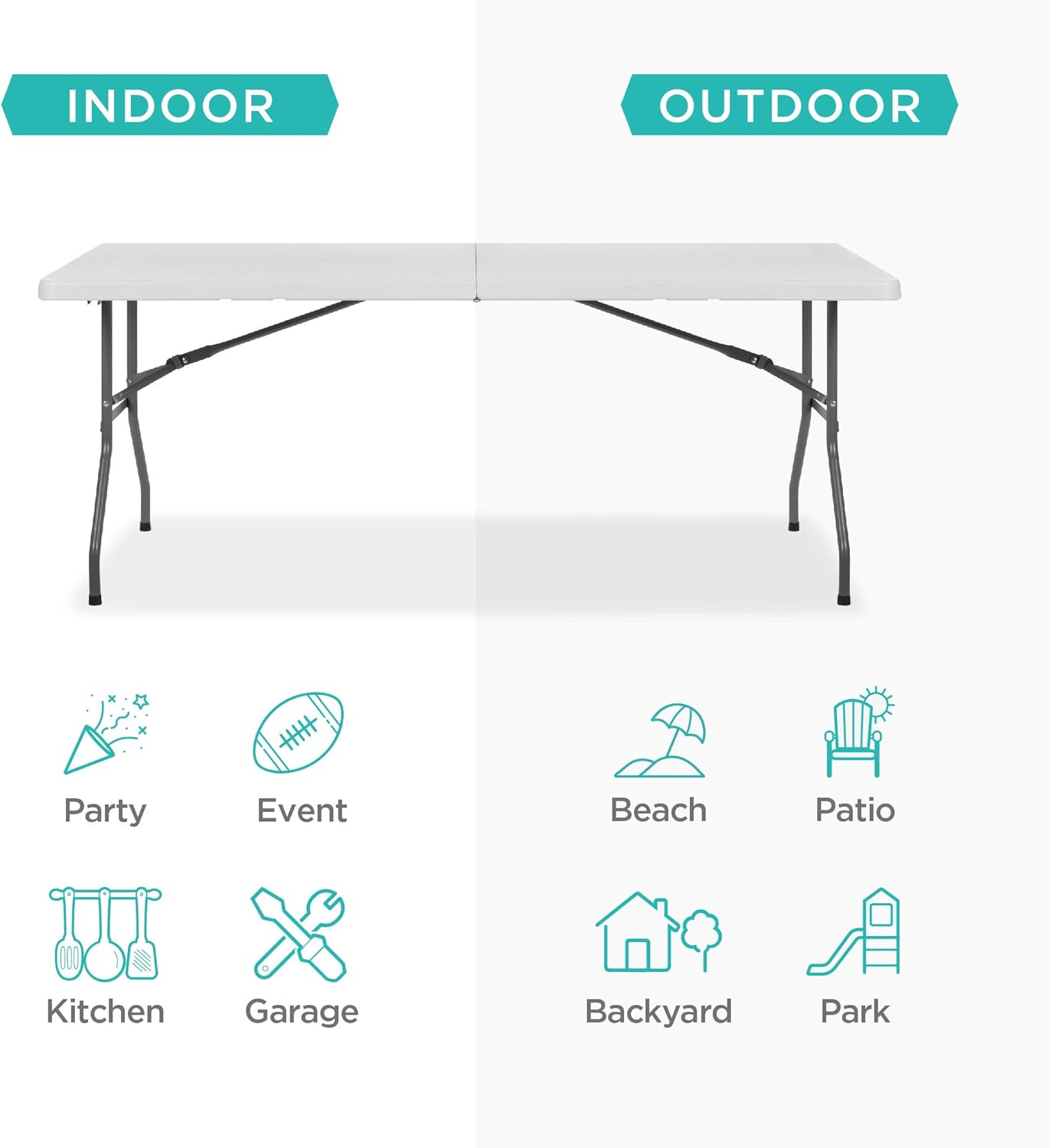 Best Choice Products 6ft Indoor Outdoor Heavy Duty Portable Folding Plastic Dining Table w/Handle, Lock for Picnic, Party, Camping - White: Garden & Outdoor