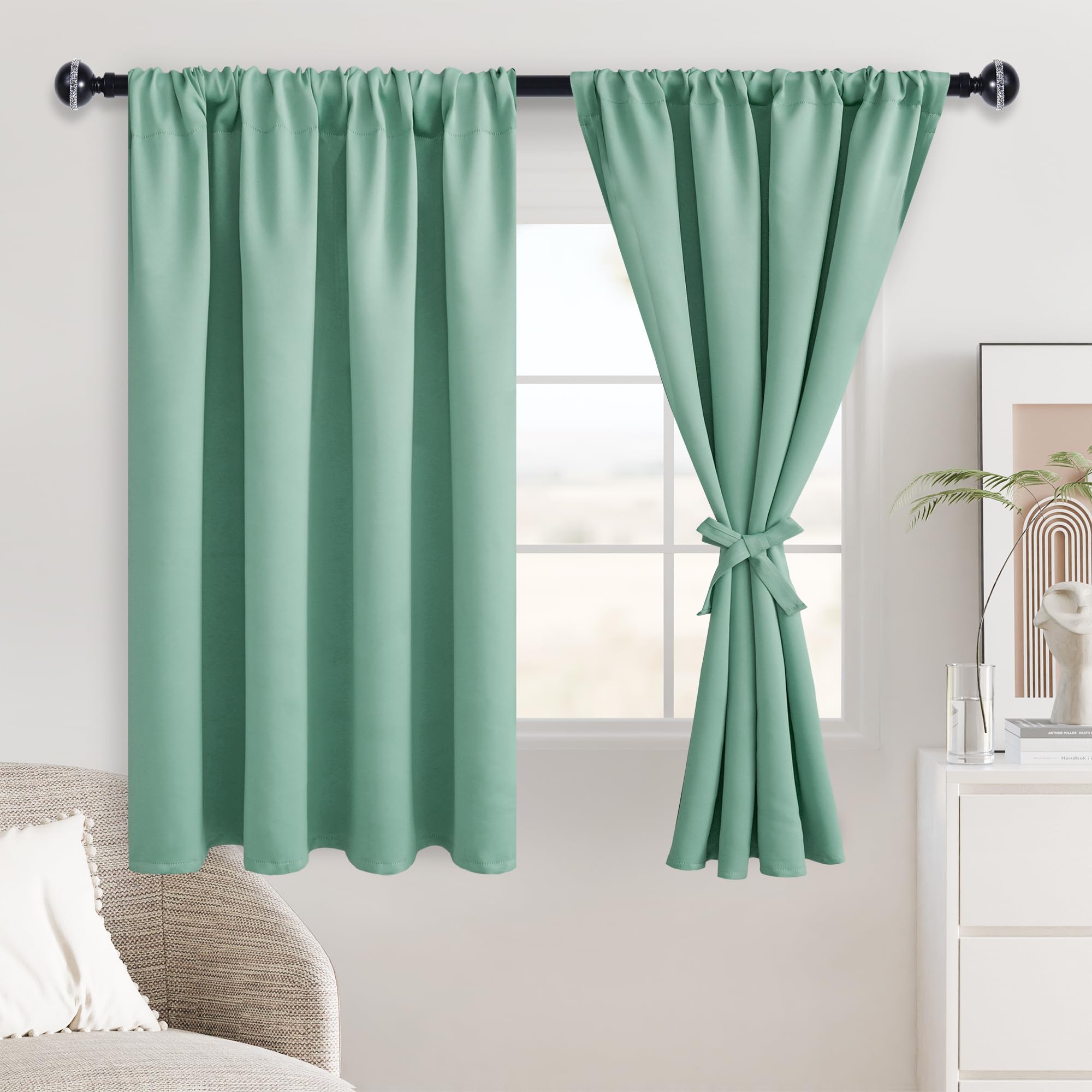 JIUZHEN Blackout Curtains for Bedroom - Thermal Insulated Noise Reducing Privacy Short Curtain for Living Room, Set of 2 Panels with Tiebacks, 42 x 54 inches Long,Sage Green Image