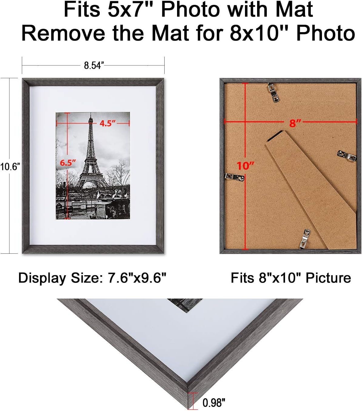 upsimples 8x10 Picture Frames with High Definition Glass, Display Pictures 5x7 with Mat or 8x10 Without Mat, Rustic Photo Frames for Wall or Tabletop Display, Set of 5, Dark Grey -