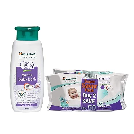 Himalaya Gentle Baby Bath (400ml) and Himalaya Gentle Wipes (72 Counts, Packs of 2) Combo