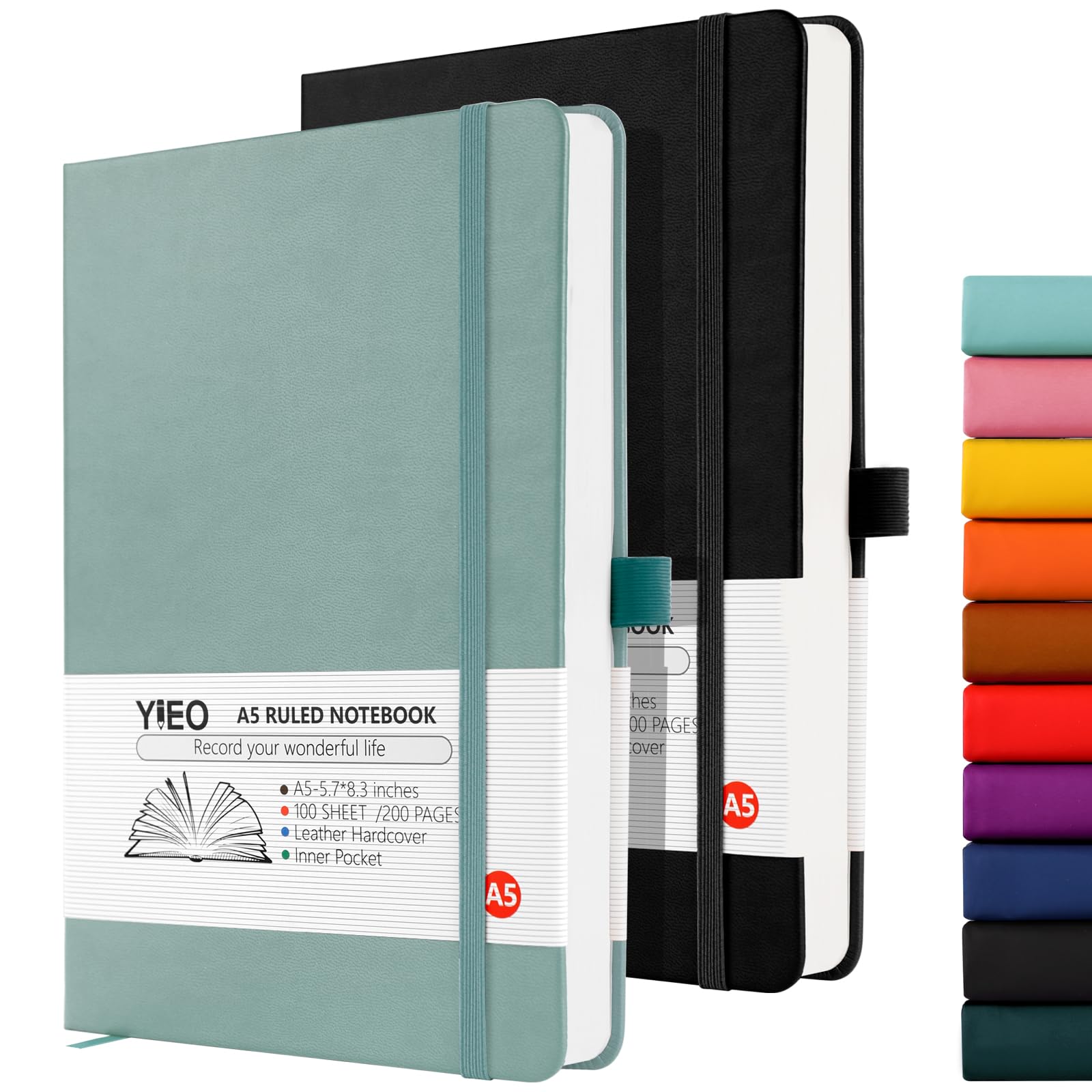 YIEO Notebook A5, 2 Pack Hardback Journal Notebook with 398 Lined Pages 80 GSM Leather Notepad with Bookmark, Pen Loop and Expandable Paper Pocket, for Office School Supplies (Black+Grayblue)