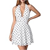 Milumia Women's Polka Dots Ruched Backless Halter Mini Dress Sexy Deep V Neck A Line Short Dresses