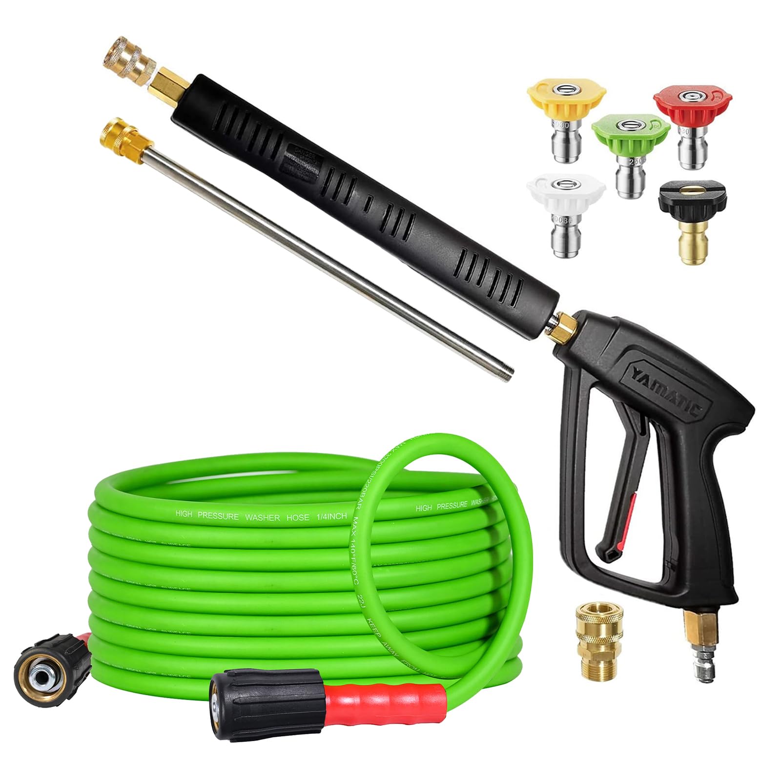 Photo 1 of YAMATIC Pressure Washer Gun and Hose, 25 FT Flexible Hose with Stainless Steel Extension Power Washer Wand, 3/8" Swivel Quick Connect & M22-14mm Adapter Replacement for Ryobi Simpson Honda (Green)
