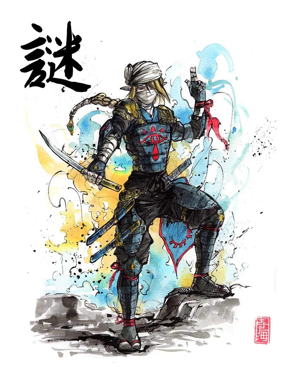 8x10 PRINT of sumi watercolor Sheik with Japanese calligraphy MYSTERY