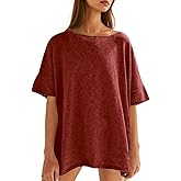 Tankaneo Women's Oversized T Shirts Casual Summer Crew Neck Loose Dropped Short Sleeve Side Slit Hem Blouse Tunic Tops