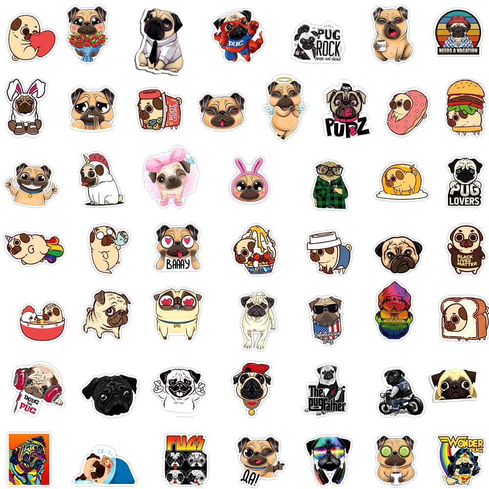 50 Pcs Cute Funny Pug Waterproof Vinyl Stickers Decals for Water Bottles Laptop Phone Cases, Dog Puppy Stickers Pack for Kids Teens, Teacher Reward Stickers, DIY Pug Theme Party Favor & Supplies