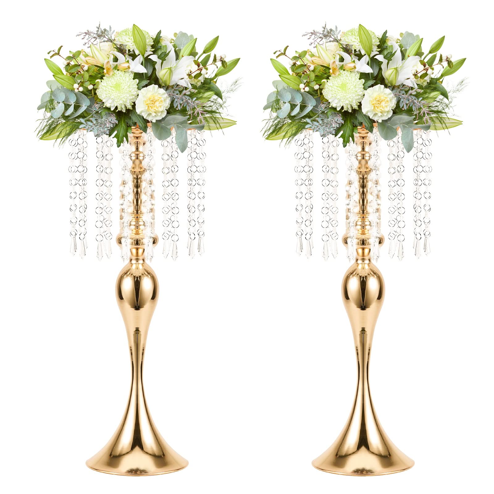Photo 1 of Wedding Centerpieces for Tables - Gold Flower Vases for Centerpieces, 2Pcs Tall Metal Flower Vases with Chandelier Crystal, 21.3in Flower Stand for Wedding Reception Birthday Party Events Home Decor