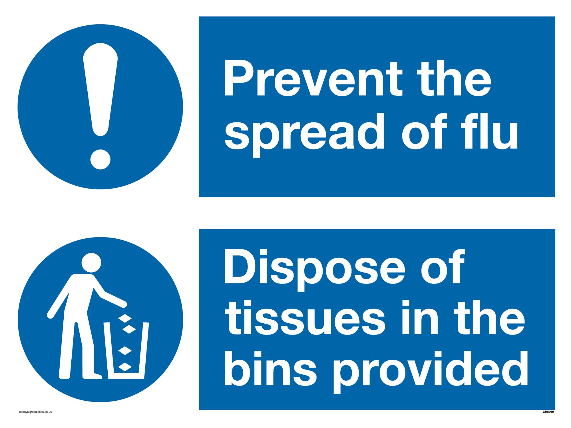 Pack of five - Prevent the spread of flu dispose of tissues in the bins provided Sign - 200x150mm - A5L