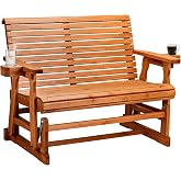 VINGLI Outdoor Glider Wood Patio Chair with Cup Holders, Outdoor Bench Glider Loveseat with Smooth Rocking Mechanism, Heavy Duty 800 LBS