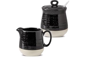 Tikooere Ceramic Sugar and Creamer Container Set of 3,10 Ounce Cream Pitcher,11 Ounce Sugar Bowl with Lid and Spoon,Farmhouse Coffee Bar Accessories Set for Serving,Microwave & Dishwasher Safe,Black