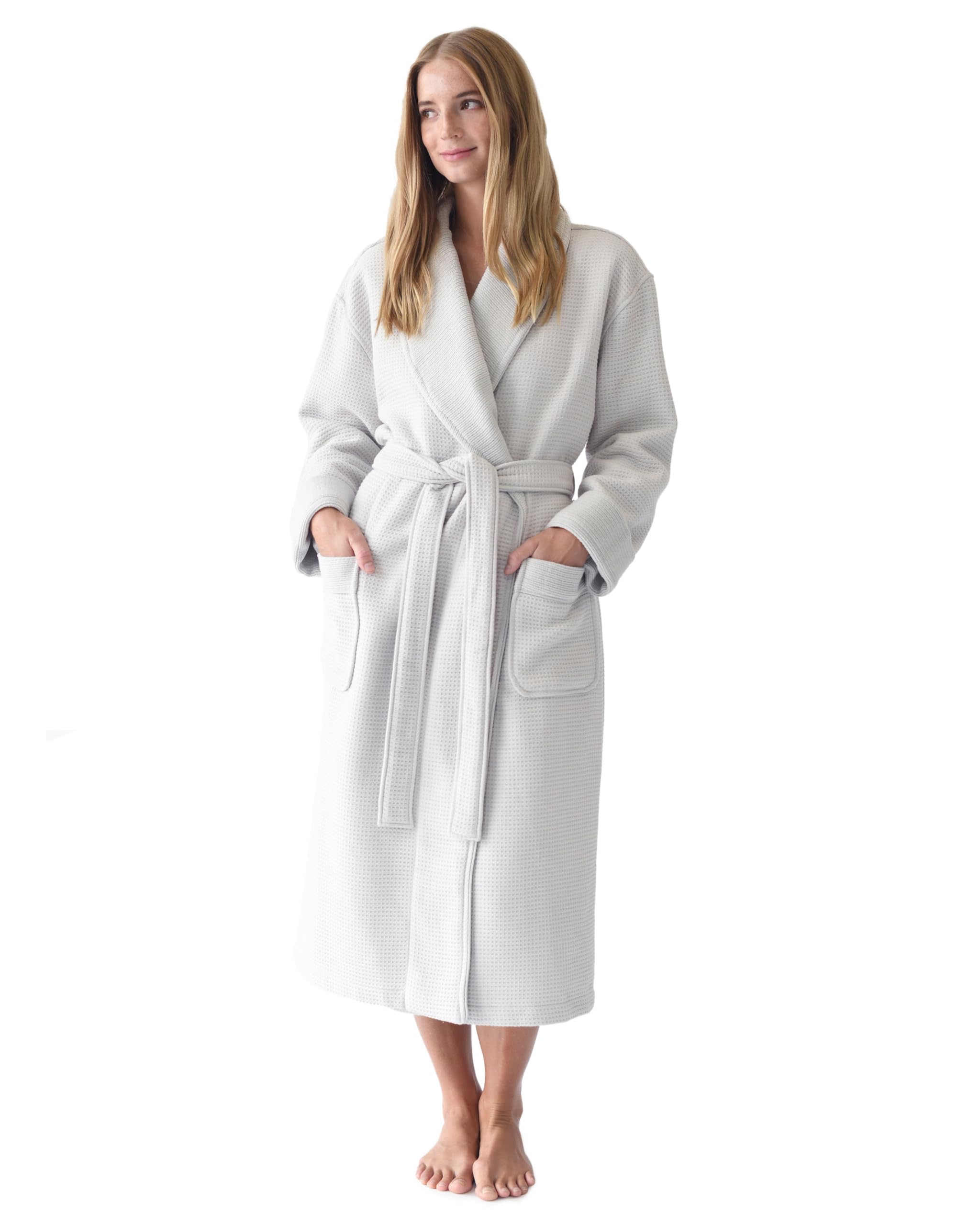 Photo 1 of (small women*) Cozy Earth Waffle Bath Robe - Lightweight Spa Robe with Pockets - Dual-Sided Waffle Weave and Ribbed Terry - 60% Soft Cotton and 40% Viscose from Bamboo Blend - Small Light Grey