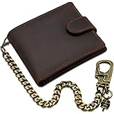Ahiller Chain Wallet for Men, Crazy Horse Leather Wallet with Chain | Bifold Design | Double-Lock Carabiner Clip Keychain | Detachable Key Chain Classic Wallets for Men & Teen Boys-Brown