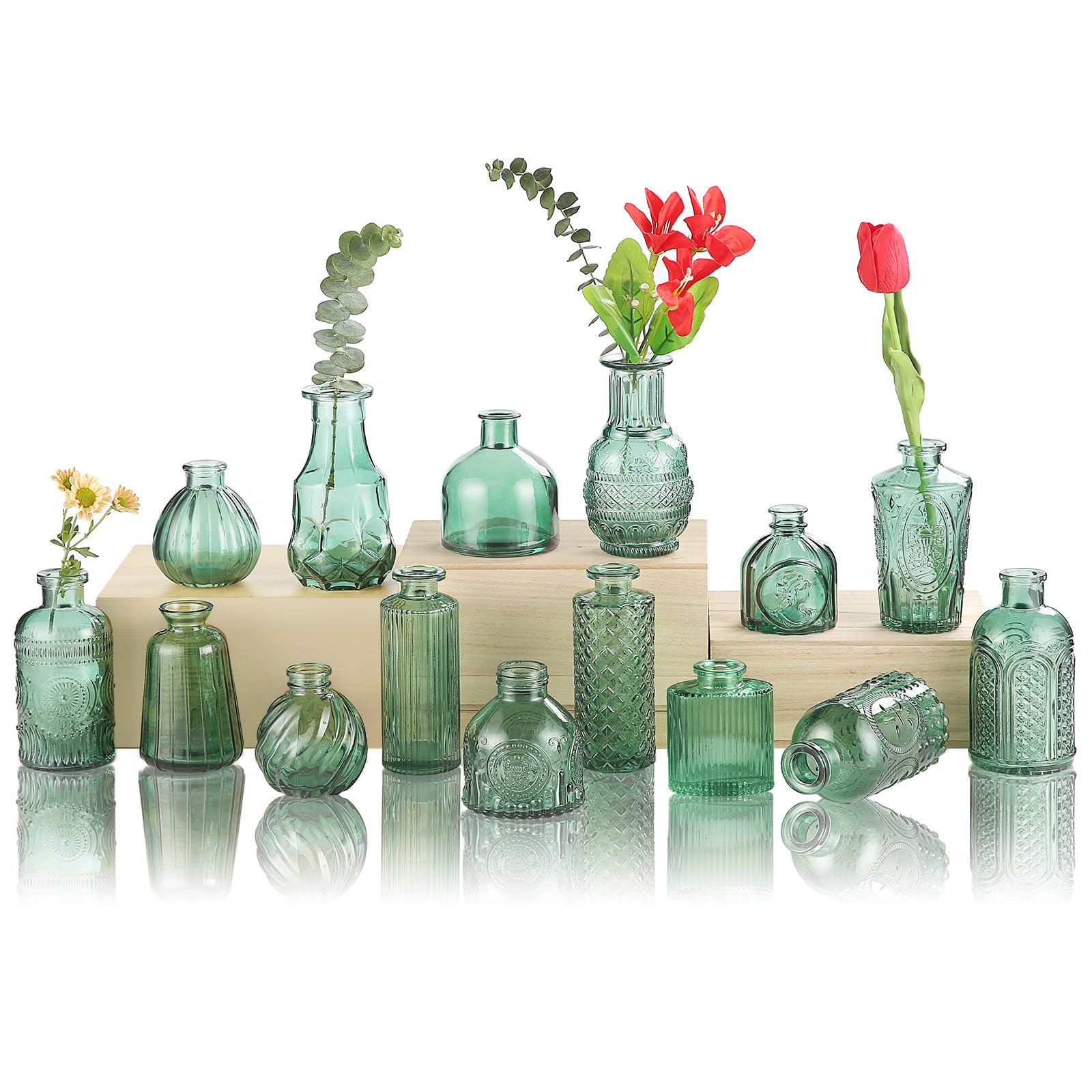 Photo 1 of Vases In Bulk 15 Pcs,Small Glass Vases for Flowers as Wedding Centerpieces for Tables,Clear Flower Vases Suitble for Wedding Decorations,Christmas,Anniversary,Birthday Party (Dark Green)