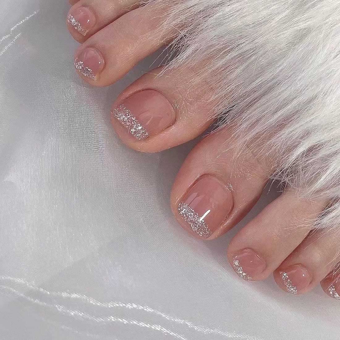 Wedity 24pcs Square Butterfly Fake Toenails Crystal Line Glossy Press on Toe Nails Short Acrylic False Toes Nails Artificial Toenail for Women Girls (G)