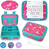 kinsho Unicorn Bento Lunch Box for Girls Toddlers, 5 Portion Control Sections, BPA Free Removable Plastic Tray, Pre-School Kid Toddler Girl Daycare Lunches, Snack Container Ages 3 to 7 Pink Unicorns