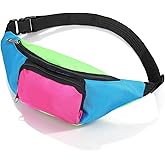 Neon Fanny Pack 80s with 2 Pockets Adjustable Rave Fanny Pack Waist Bag for Women Men, Color Blocked Belt Bag for Festival Travel Party Costume