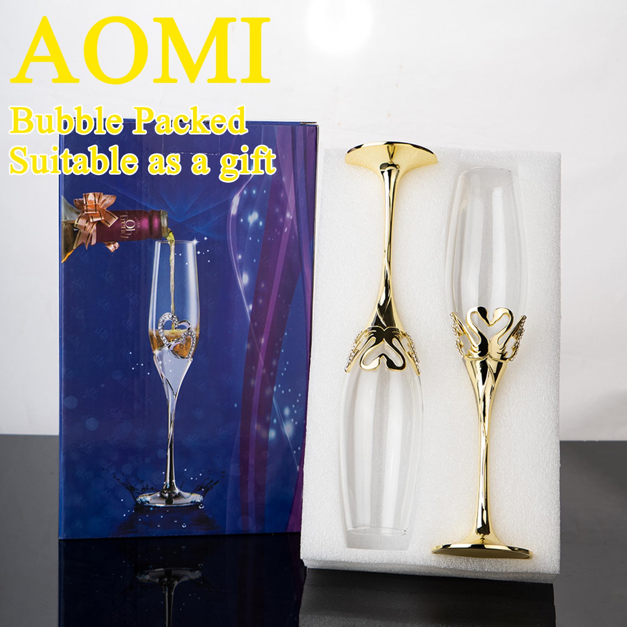 Luxury Champagne Glasses Flutes Set of 2 - Elegant Crystal Gold Lead-Free 8oz Glass Swan-Design Diamond-Accented Heart-shaped Zinc Alloy Base, for Weddings Party Birthday Anniversary Romantic Gifts