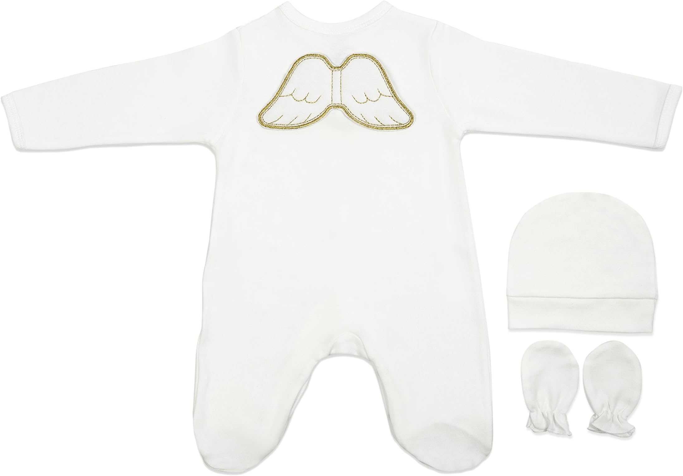 Pamuku 3 Piece Organic Cotton Baby Angel Babygrow Cap Mittens Gift Set 0 3 Months (0-3 Months, White)