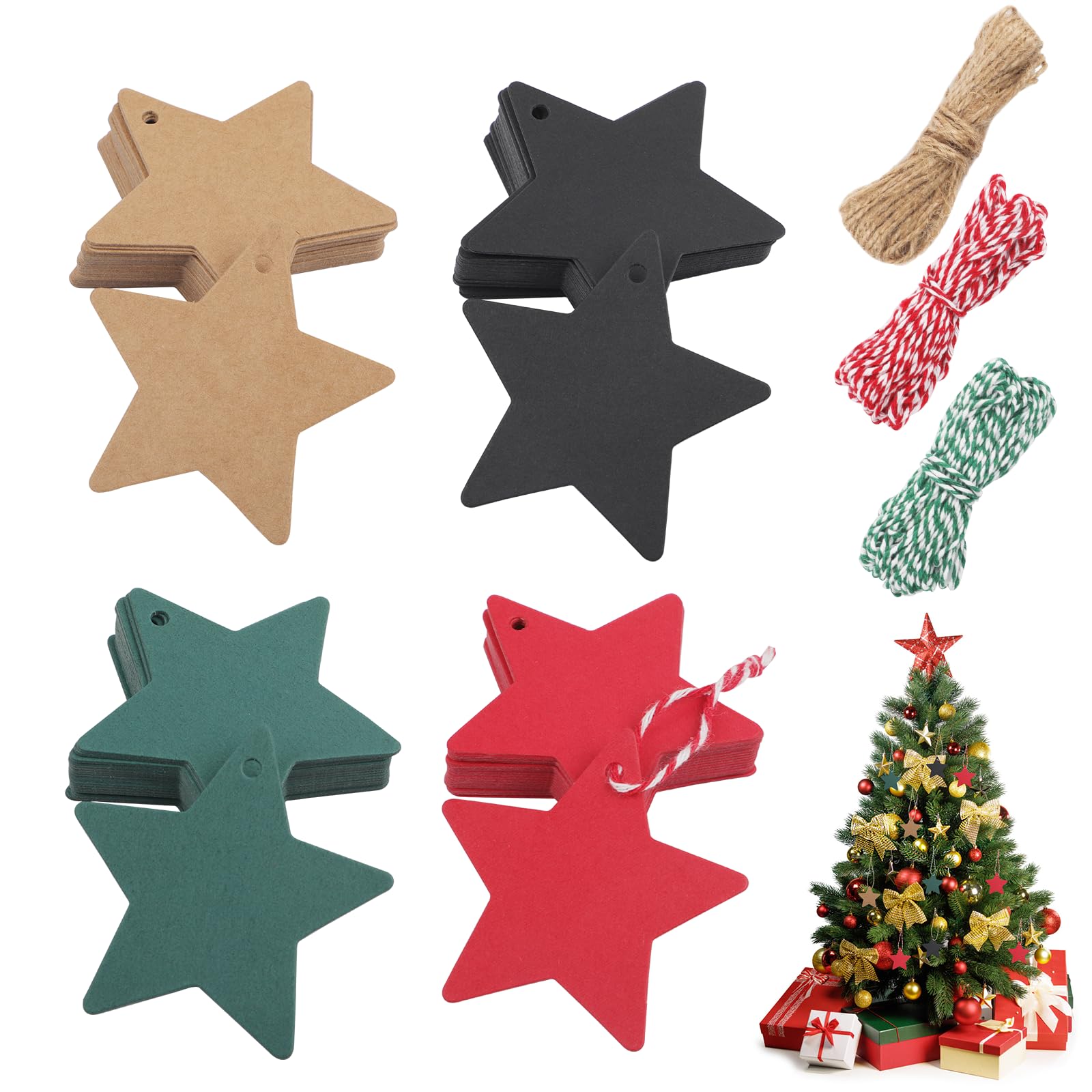 160Pcs Gift Tags, Christmas Labels with String, Handmade Labels, Price Tags, Star Brown Kraft Tags for Gift Wrapping, DIY Crafts