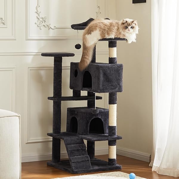 SWEETCRISPY 54-INCH CAT TREE TOWER – MULTI-LEVEL WITH SISAL SCRATCHING POST, PERFECT PET GIFT, INDOOR CONDO WITH CLIMBING LADDER, PLUSH TOY, AND MORE ANIMAL STUFF, GREY