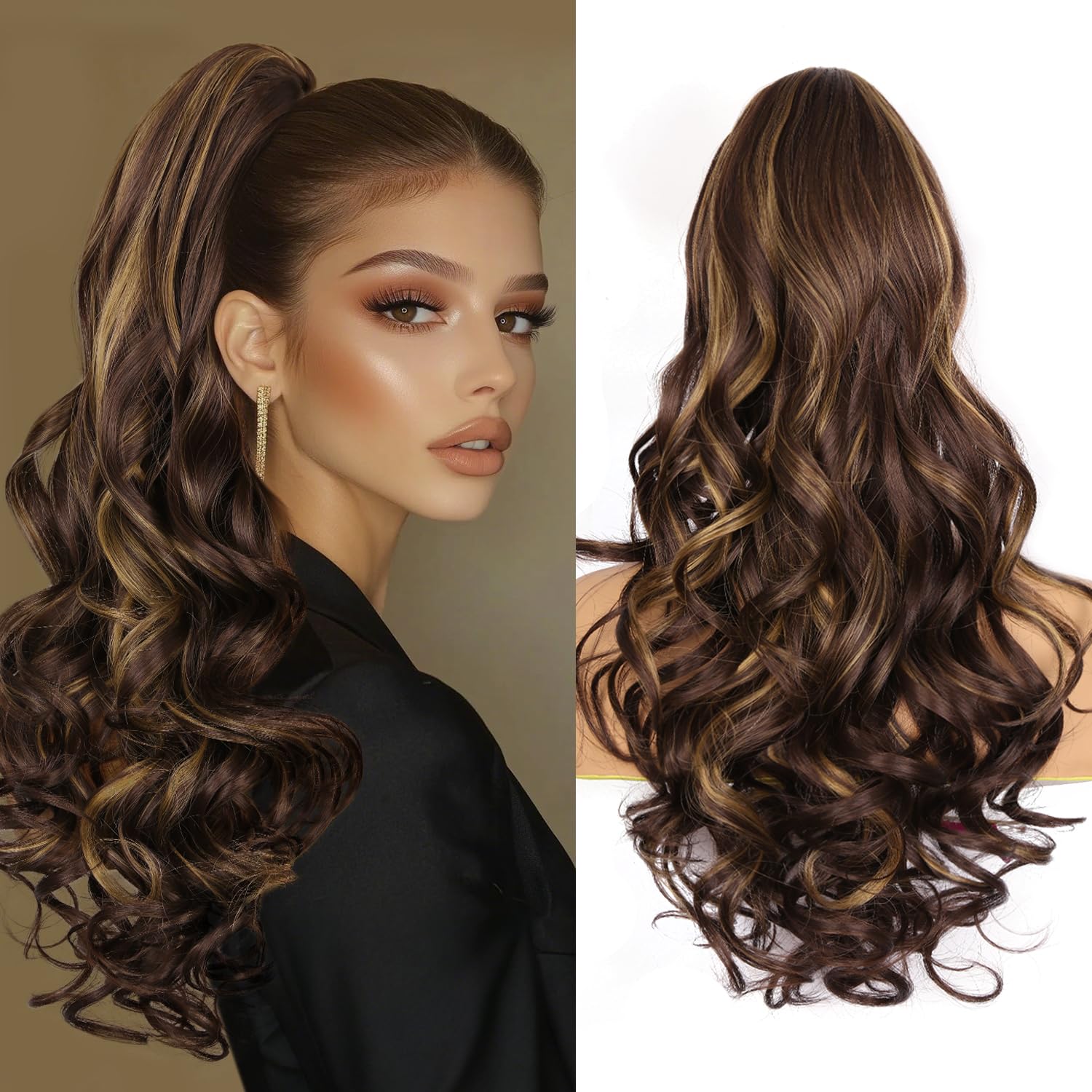 Photo 1 of ZQIAN BEAUTY 24 Inch Ponytail Extension, Clip on Ponytails for Women, Long Curly Wavy Ponytail Extensions for Women, Synthetic Layered Pony Tails Hair Extensions (Color: Brown with Blonde Highlights)