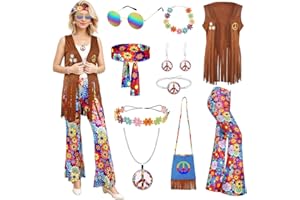 70s Fancy Dress Women,Hippie Costume with Fringe Vest Flared Pants,1970s Retro Hippie Outfit for Carnival Cosplay