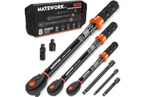 MATEWORK Upgraded Torque Wrench Set 8PCS, 1/4 3/8 1/2 inch Drive Click Torque Wrench, 10-230in.lb, 5-50ft.lb, 10-180ft.lb, 72-Tooth Dual Scale, ±3% Accuracy, 5 Adapters, for Bike, Moto, Car Repair and Maint