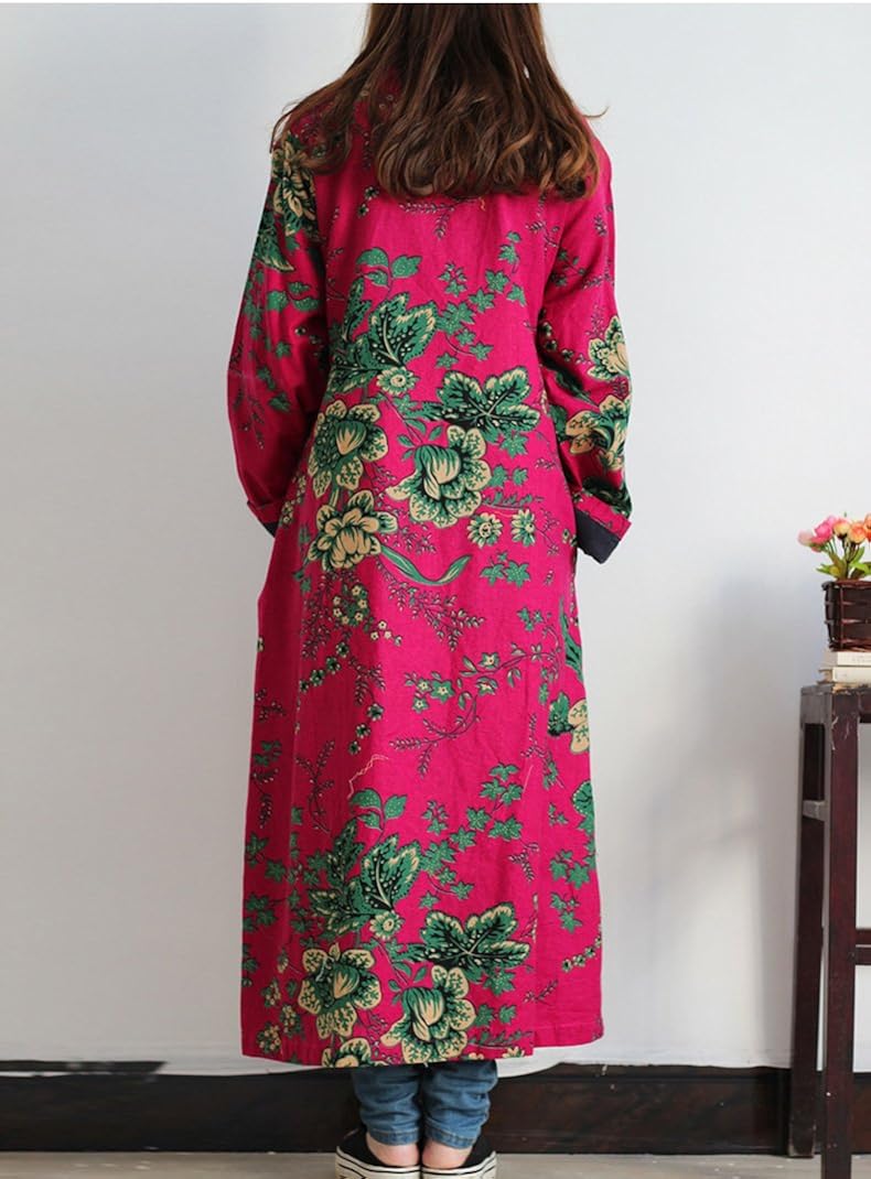 LZJN Women Trench Coat Floral Print Long Jacket with Pockets (Red): Clothing